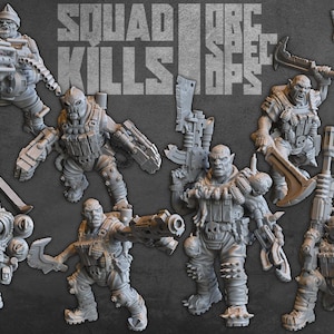 May include: A collection of grey Orc miniatures, each armed with various weapons, including rifles, blades, and heavy artillery. The text "SQUAD KILLS SPEC OPS" is displayed above the figures. The miniatures are from David Sheff Models.