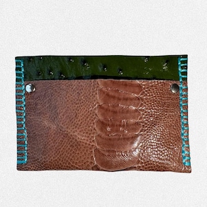 Könnte beinhalten: Eine rechteckige Ledertasche mit einem braun strukturierten unteren Bereich und einem dunkelgrün strukturierten oberen Bereich. Die Seiten sind mit leuchtend türkisfarbenem Garn vernäht und zwei silberfarbene Metallnieten sitzen an den oberen Ecken.