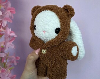Handmade Crochet Bunny Plush in Bear Onesie  - Amigurumi Plushie Gift