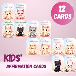 12 kaarten met positieve bevestiging voor kinderen – afdrukbare pdf met schattige kittens
