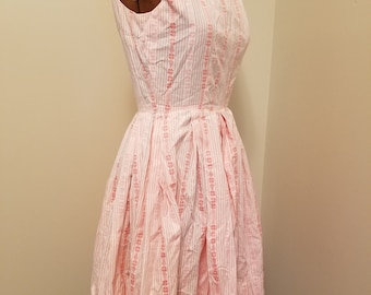 Vintage 60s Pink Striped Sleeveless Back Button Dress Boat Neck Gathered Skirt Size Medium