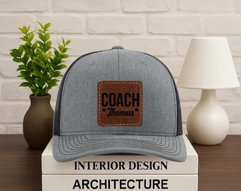 Personalized Coach Richardson 112 Trucker Hat, Laser Engraved Leather Patch