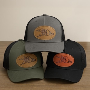 Personalized Dad Fist Bump Hat, Custom Leather Patch Trucker Cap With Kids’ Names, Father’s Day or New Dad Gift, Grandpa Keepsake Hat