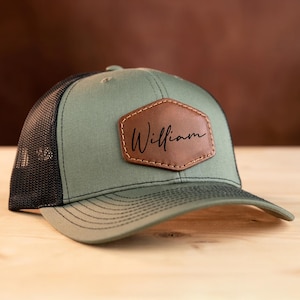 Personalized Leather Patch Trucker Hat, Custom Name Cap