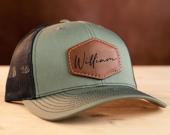 Personalized Leather Patch Trucker Hat, Custom Name Cap
