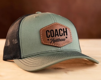 Custom Coach Hat: Personalized Laser Engraved Leather Patch Trucker Cap