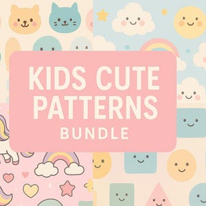 May include: A set of digital paper patterns featuring cute cartoon characters and designs. The patterns include rainbows, clouds, stars, unicorns, cats, and more. The text "Kids Cute Patterns Bundle" is displayed on a pink banner.