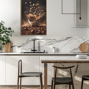 Decorazione murale surreale con tazzine da caffè che si sciolgono – Cascata di caffè espresso da sogno con chicchi galleggianti, seppia vintage, decorazione per gli amanti del caffè ispirata a Dalì
