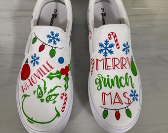 Handmade Grinch Shoes, Whoville Christmas Shoes: Custom Slip-Ons