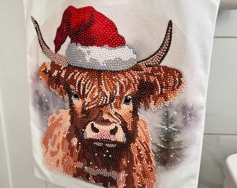 Handmade Xmas Highland Cow tote bag