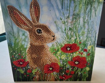 Wild poppies and the hare handmade Crystal card