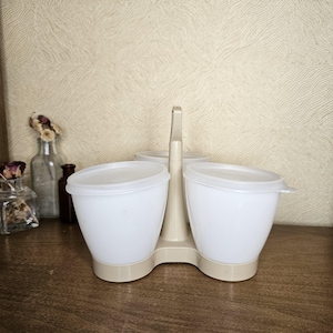 1980s Tupperware Condiment Caddy 733 – Frosted White & Almond – Retro Picnic or Fridge Storage Set