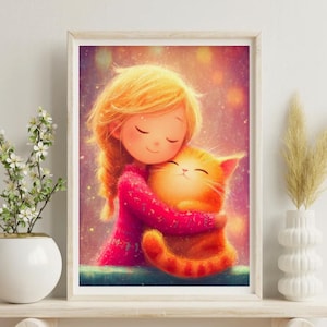 Girl Hugging Cat Art Print: Cozy Whimsical Illustration
