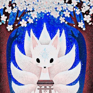 Japanische Kitsune Fuchs Wandkunst, Neunschwänzige Fuchs Geist Illustration, Mystische Tier Wanddekoration, japanische Folklore Kunst, Fuchs Geist Tier Kunst