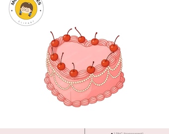 Vintage Heart Cake Clipart: Retro Valentine Cherry Cake Illustration (PNG JPG Digital Download)