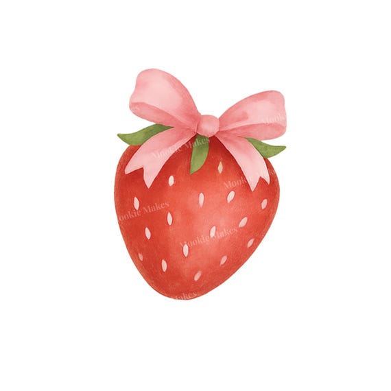 Kawaii Strawberry Clipart: Watercolor Pink Bow PNG (Digital Download)