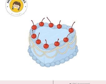 Vintage Heart Cake Clipart: Blue Cherry Retro Dessert Art (PNG JPG Digital Download)