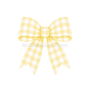 May include: A decorative bow featuring a soft yellow and white gingham checkered pattern. The bow has two large loops and two downward-pointing tails with angled ends. The text MookieMakes Clipart is overlaid across the centre of the bow.