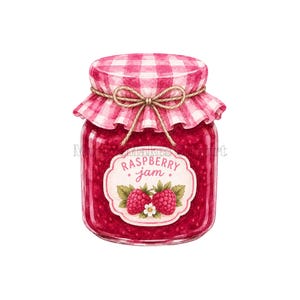 May include: A glass jar filled with red raspberry jam, featuring a white label with the text Raspberry jam and an illustration of two raspberries. The jar lid is covered with a pink and white chequered fabric tied with a tan twine bow.