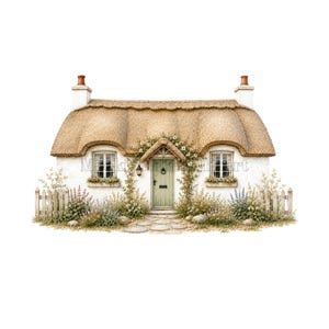 Akvarell halmtakstuga Clipart, engelskt sagohus, Cottagecore Garden (digital nedladdning)