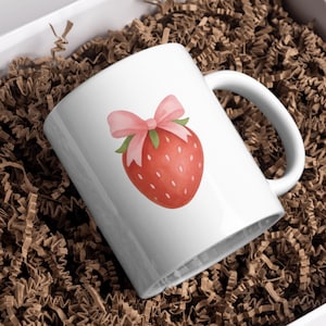 Mug mockup with strawberry clipart – cute pink ribbon fruit PNG design