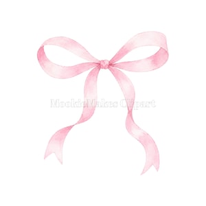 Könnte beinhalten: Ein hellrosa Aquarellband, das zu einer Schleife mit zwei langen, fließenden Enden gebunden ist. Die Illustration zeigt weiche, durchscheinende Farbverläufe und der Text MookieMakes Clipart ist in der Mitte der Schleife zu sehen.