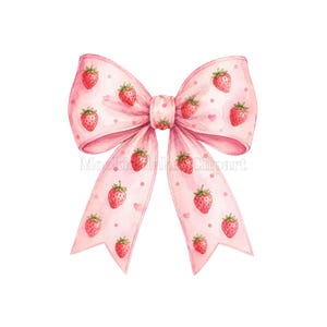 Puede incluir: Un lazo decorativo en un tono rosa suave, con un patrón repetitivo de pequeñas fresas rojas y diminutos puntos de color rosa claro. El lazo tiene dos bucles anchos y dos extremos largos y puntiagudos, con el texto Mookie Clipart visible en el centro.