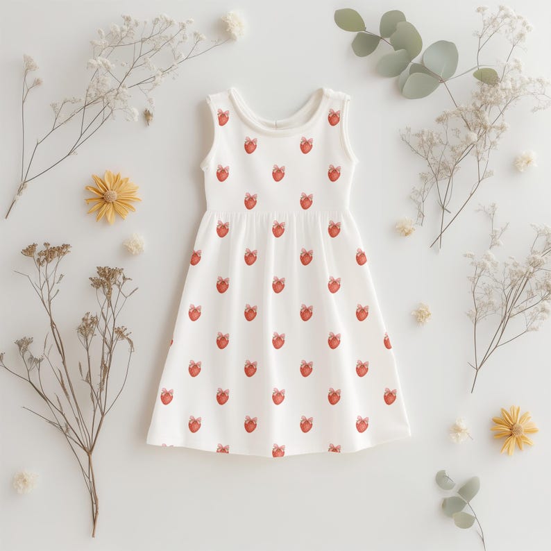 Dress design using strawberry clipart – repeating pink bow fruit motif