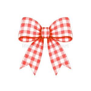May include: A decorative bow featuring a red and white gingham checkered pattern. The bow has two large upper loops and two downward-pointing tails with angled ends. The design displays a watercolor texture with varying shades of red.