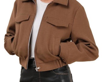 Chaqueta bomber de lana marrón para mujer, chaqueta corta, chaqueta marrón de cintura alta, chaqueta con cuello