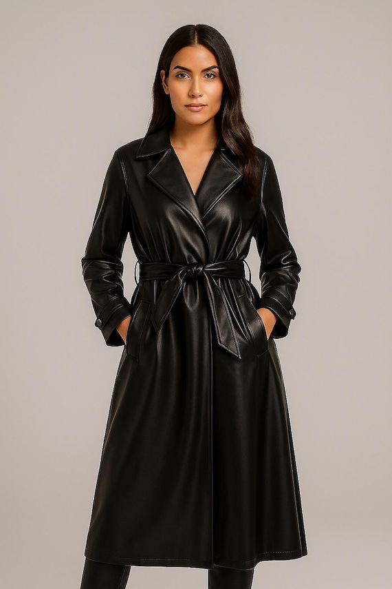 Women's Oversized Faux Leather Trench Coat Black PU Vegan