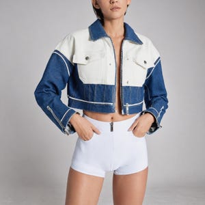Womens Cropped Two-Tone Denim Jacket, Blue White Distressed Jean Jacket, Stylish Streetwear Fashion, Custom Fit Outerwear, Custom Jacket