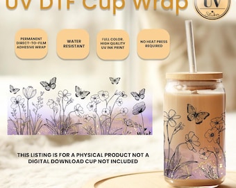Floral Glass Wrap, Flower Uv Dtf Cup Wrap, Boho Line Art Flower Ready To Press Glass Wrap, Botanical Durable, Flowers Line Art Drinking Wrap