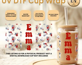 Red White Floral Cup Wrap, Personalized Red White Flower 16 Oz Cup Wrap, Custom Floral Uv Dtf Cup Wrap, Wildlife Lovers Double Side Wrap