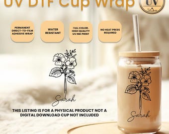 Birth Month Flowers Ready To Press Glass, Custom Birth Flower UV Dtf Cup Wrap, Custom Name Birth Flower UVDTF Wraps, Custom UV Dtf Cup Wraps