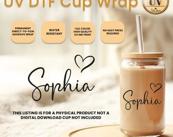 Envoltório de copo DTF UV com nome de coração personalizado, pronto para prensar