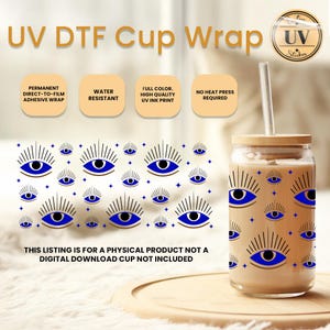 Envoltura de vidrio mística lista para prensar, envoltura de vidrio DTF UV para mal de ojo, envoltura de vidrio DTF UV celestial, regalo espiritual para taza, regalo del tercer ojo fácil de aplicar