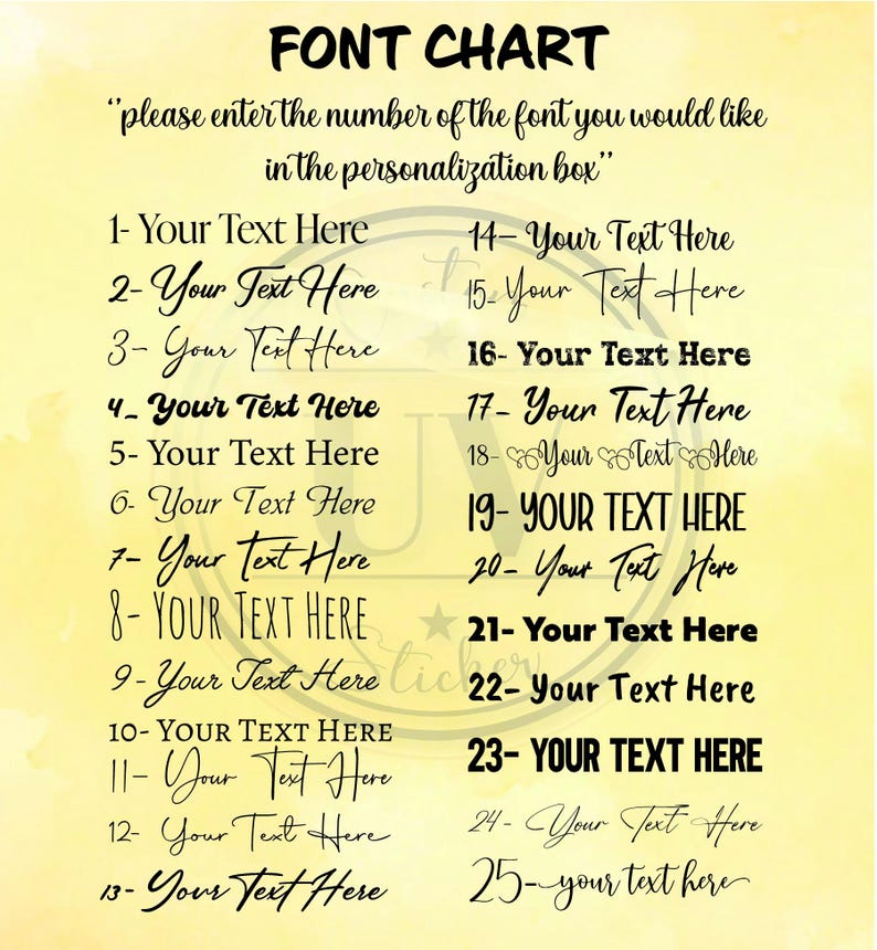 a yellow watercolor background with a handwritten font chart