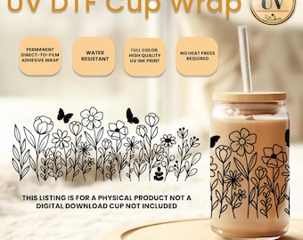 Flower Glass Ready To Press Cup Wrap, Wildflower Drinking Uv Dtf Cup Wrap, Floral Uv Dtf Cup Wrap, Best Friend Gift Easy To Apply,Mommy Gift
