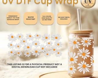 Flower Easy To Apply, Mothers Day Gift, Floral Drinking Cup, Daisy Glass Uv Dtf Cup Wrap, Botanical Glass Tumbler, Gift For Mom, Daisy Gifts