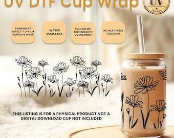 Wildflower Drinking Uv Dtf Cup Wrap, Flower Glass Ready To Press Cup Wrap, Floral Uv Dtf Cup Wrap, Best Friend Gift Easy To Apply,Mommy Gift