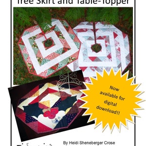 May include: Two Christmas table toppers, one red and white with a spiral design and the other with a red, white, and black patchwork design. The text "Now available for digital download!!" is in a yellow starburst.