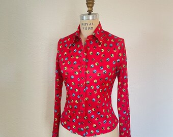 90s does 70s Vintage Ladybug Novelty Print Red Blouse with long sleeves Bright Colorful Insect Bug Print Top button up Shirt with collar