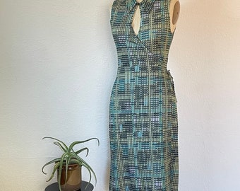 Geometric Print Wrap Dress Y2k does 70s Style Midi Dress sleeveless dress with keyhole neck abstract print