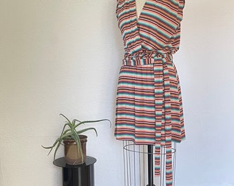 Vintage Y2K Dress Rainbow Striped Dress with gold metallic stripes mock wrap dress midi mini dress plunge neck