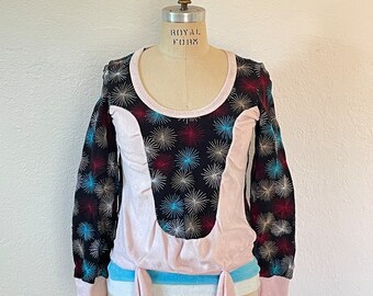 Patchwork Top with Terry Cloth and Embroidered Fabric Long Sleeve Top Colorful Top Slouchy Top by Custo Barcelona