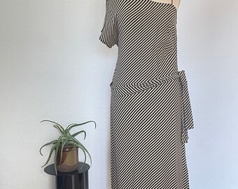 Vintage Y2K Striped Midi Dress Asymmetrical One Shoulder 2000s does 70s 80s Style