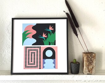 Tropical Art Deco Giclee Art Print, Architectural Illustration, Abrstract Surrelism, Geometric Wall Art