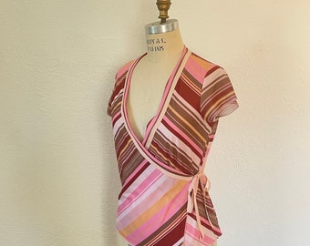 Striped Wrap Top Y2K Vintage Top Colorful Pink and Brown Top 2000s does 70s style Plunge neck top