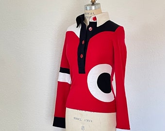 Y2K does 60s 70s Vintage Geometric Red Top with long sleeves colorblock Top button up Shirt with collar
